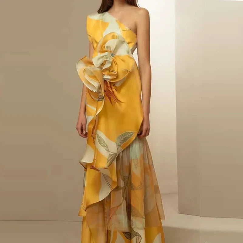 New Party Floral Print Elegant Diagonal Collar Long Dress
