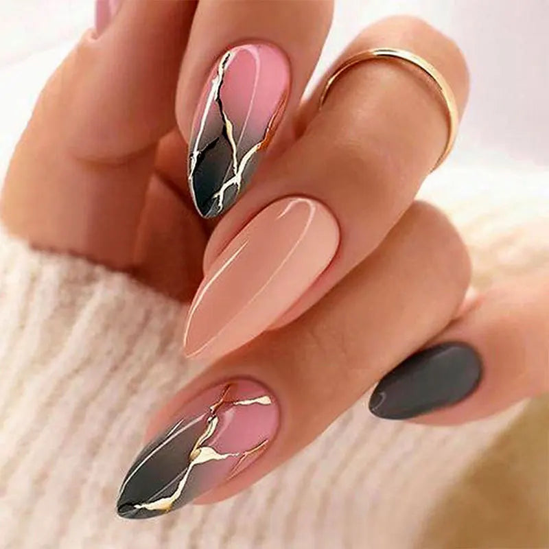 24Pcs Simple Almond Fake Nails with Green Leaves Design