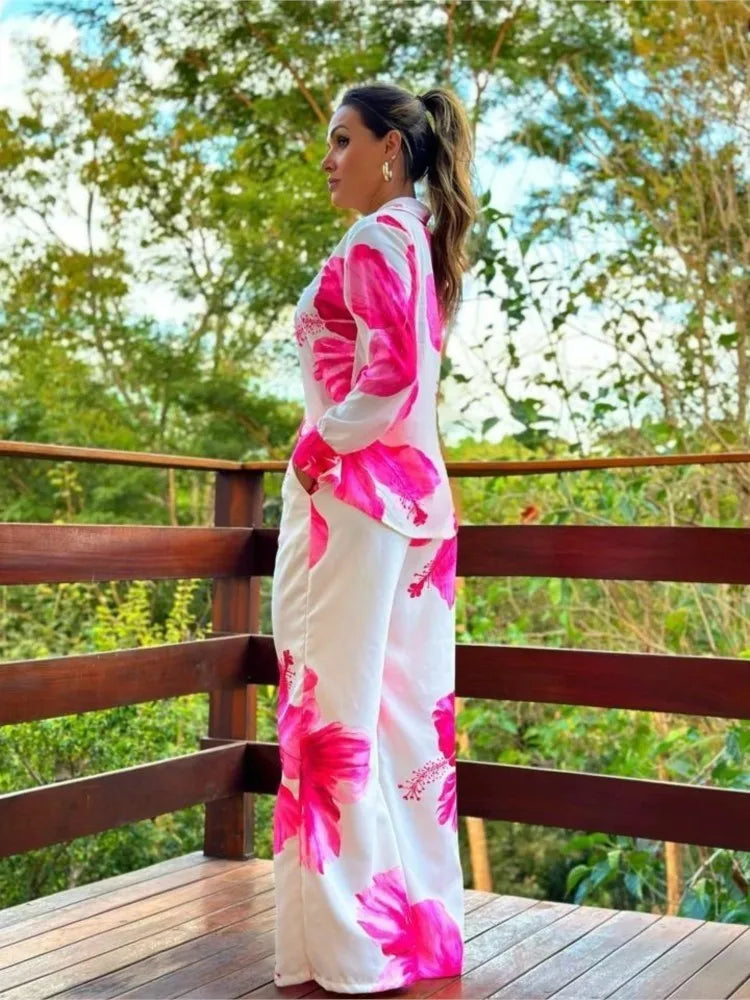Floral Fashion Printed Shirt Spring Autumn Wide Leg Pants Two-piece Set