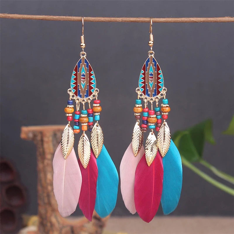 Boho Long Feather Dangle Earrings – Handmade Tassel & Enamel Flower Statement Jewelry for Women