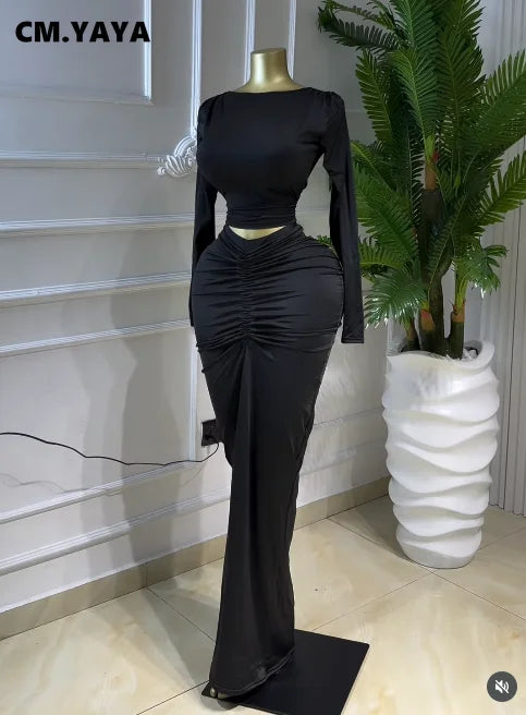 Fashion Ruched Crop Tops and Bodycon Long Skirts Suit