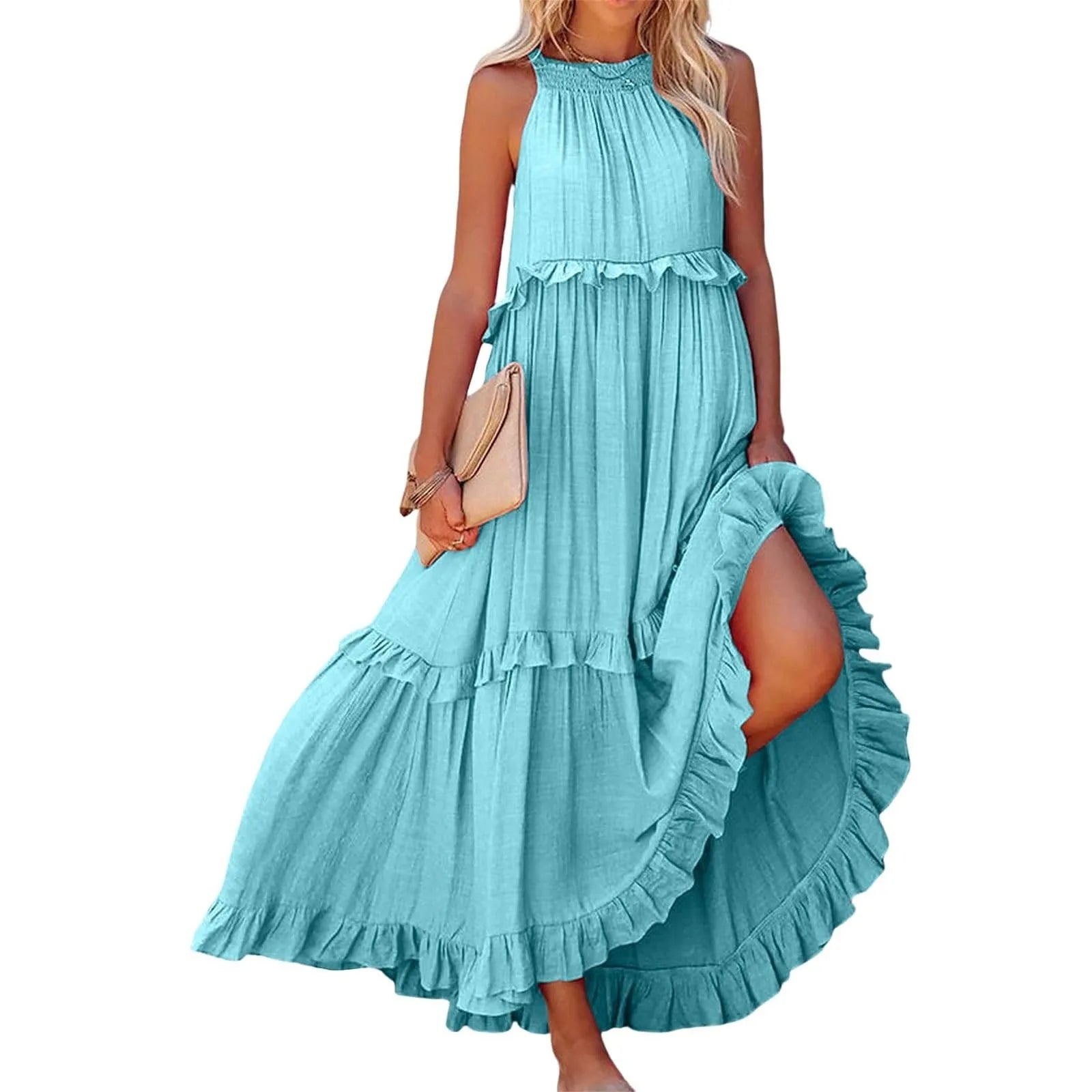 Long Summer Round Neck Flounce Pleated Romantic Big Swing Beach Dresses