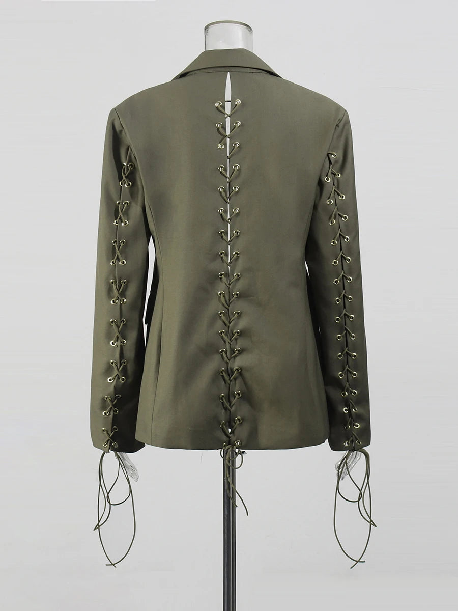 Solid Spliced Lace Up Hollow Out Two Piece Sets for Women