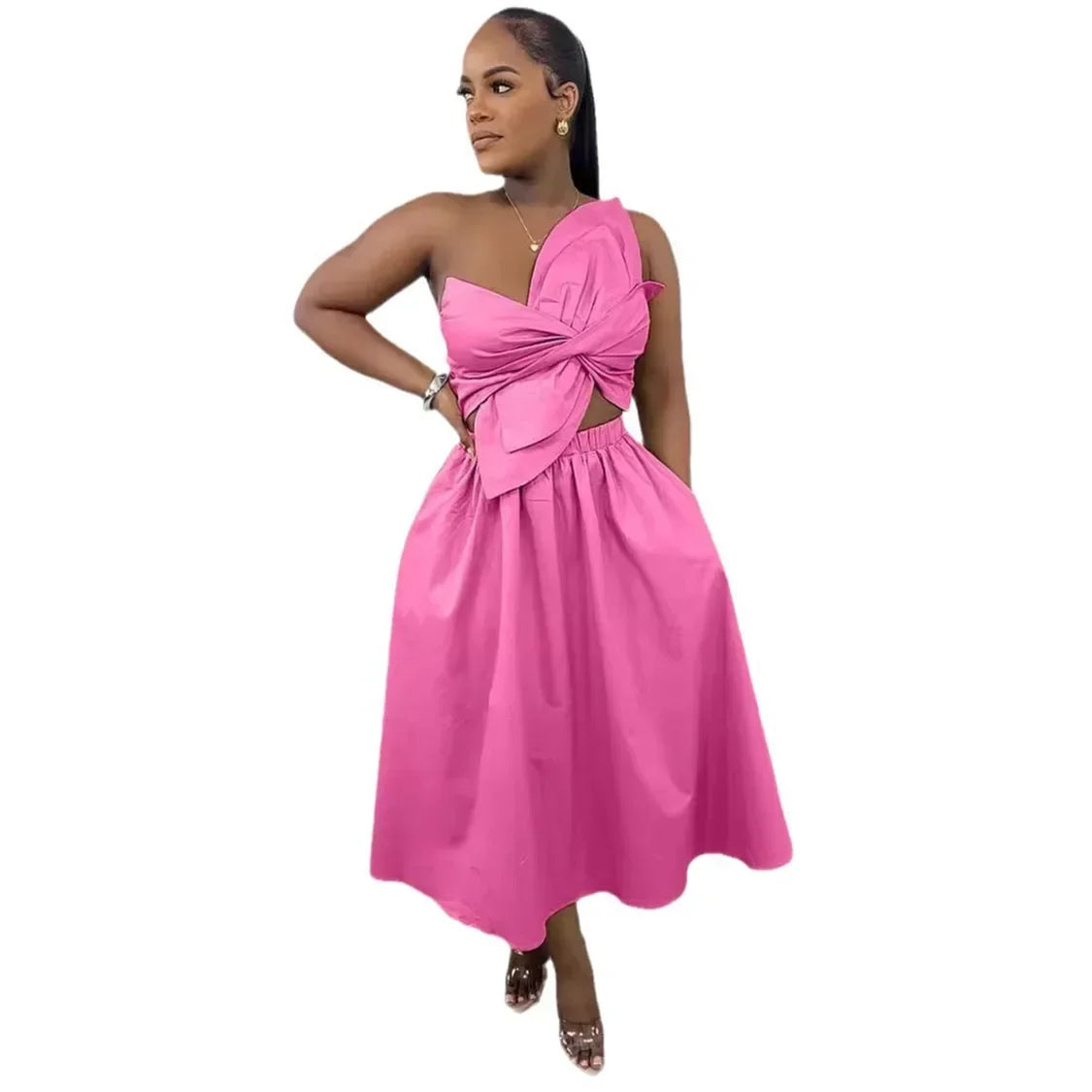 Big Petal Front Strapless Midi Long Dress
