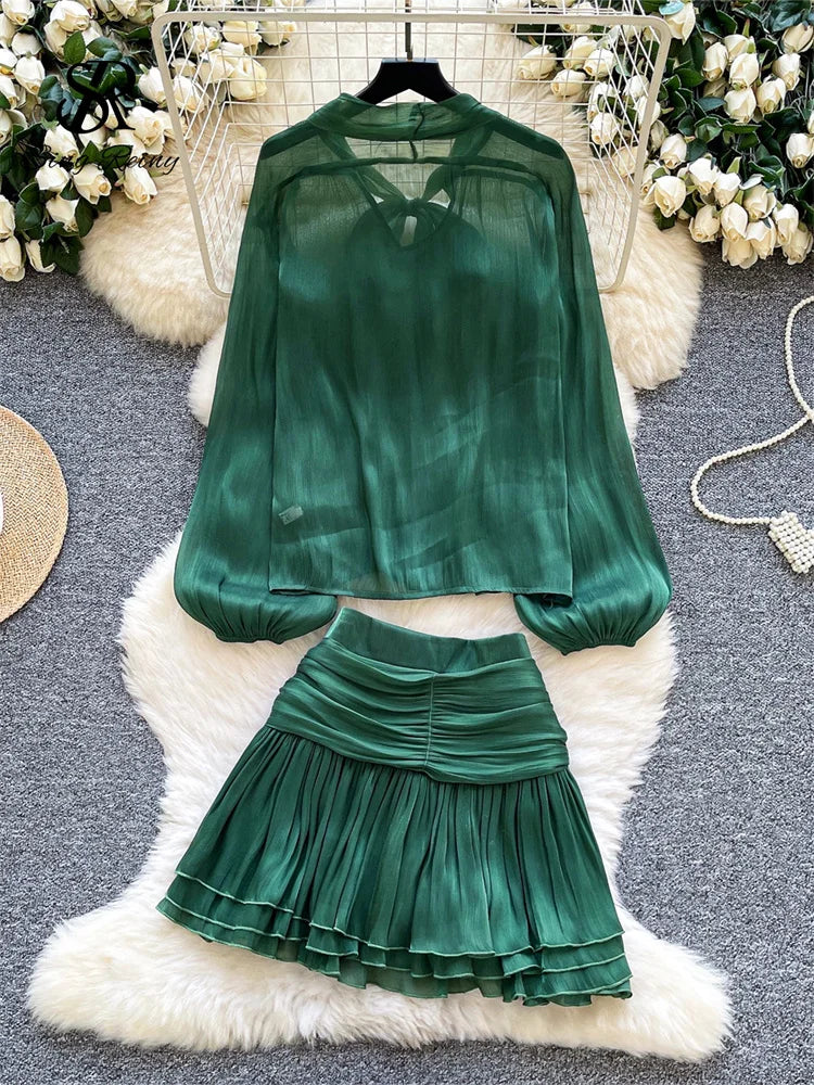 French Style Lace Up Bow Tops+Mini Draped Skirts 2Pcs Sets