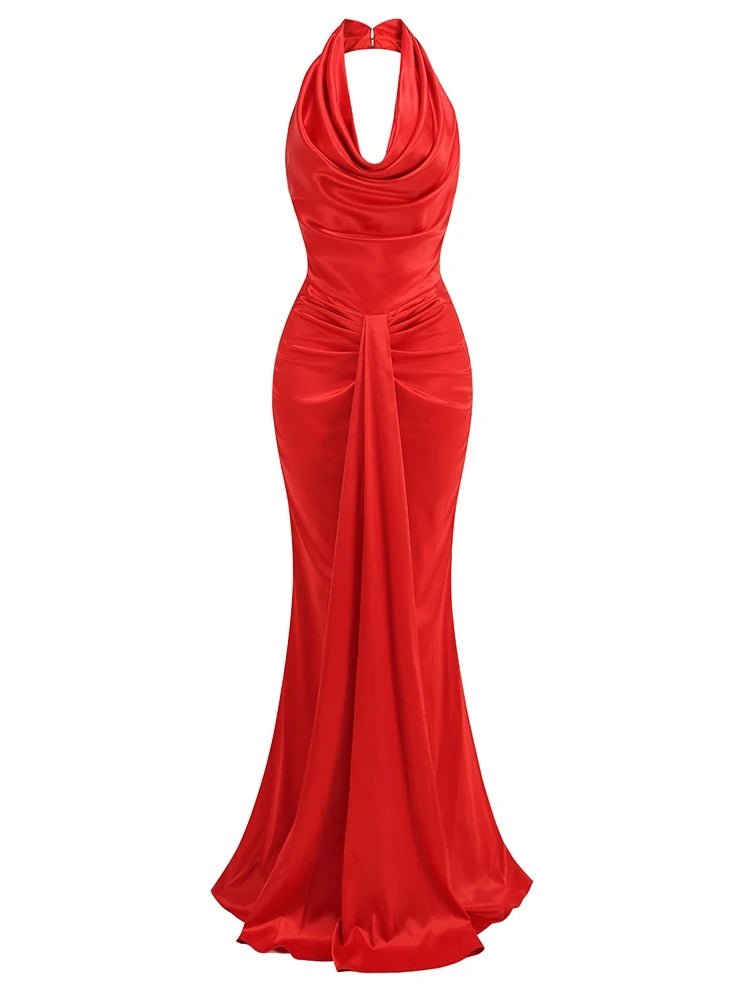 Sexy Swinging Collar Backless Pleated Red Sleeveless Draped Design Maxi Dress