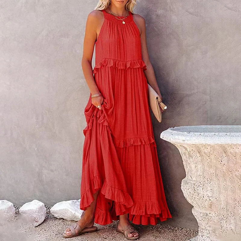 Women’s Elegant Ruffle Maxi Sundress – Sleeveless Summer Beach &amp; Party Dress