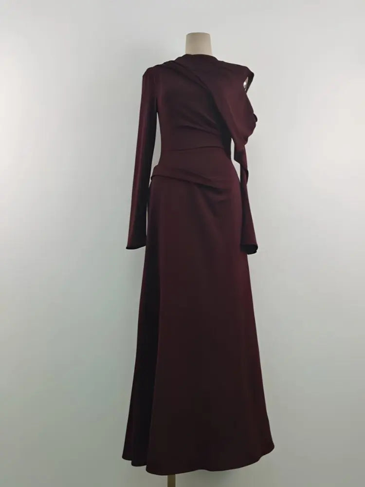 Round Collar Hollow Out Shoulder Solid Color A Line Luxury Dress