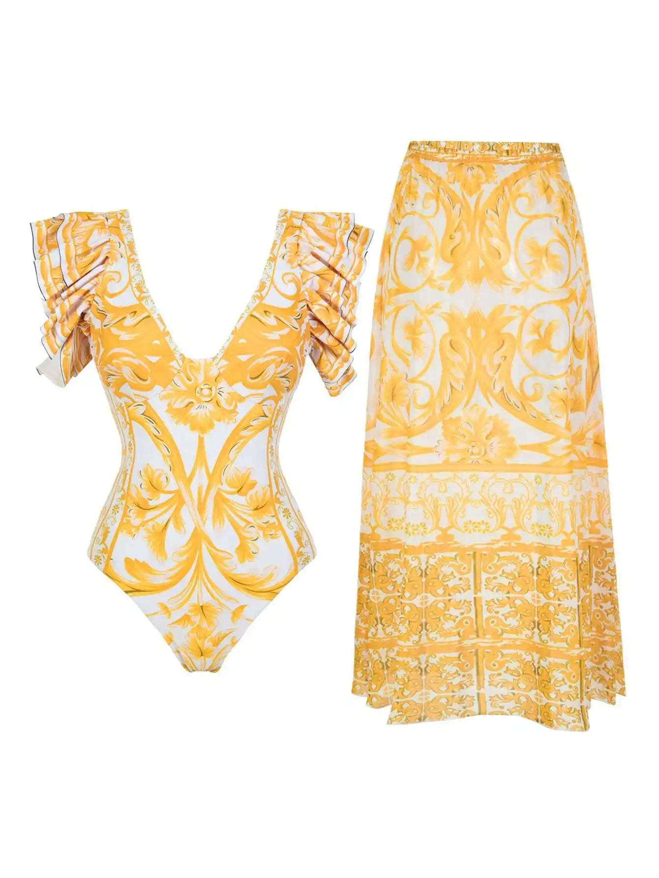 One-Shoulder Ruffled Print Floral Swimsuit Set