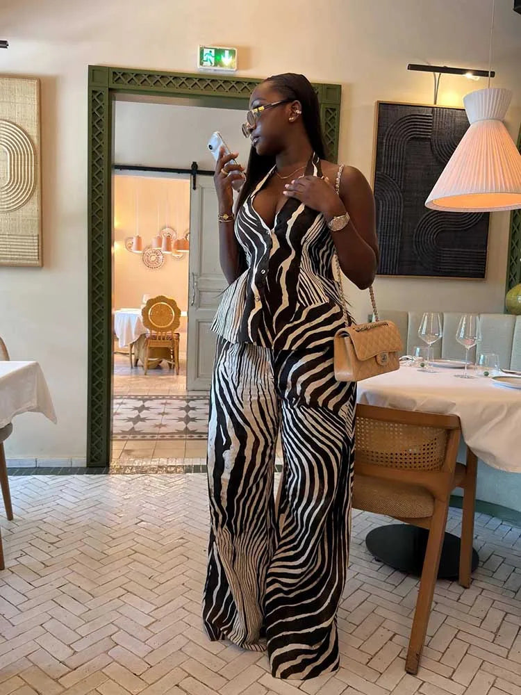 Elegant Matching Vest Outfit with Wide Leg Pants Halter