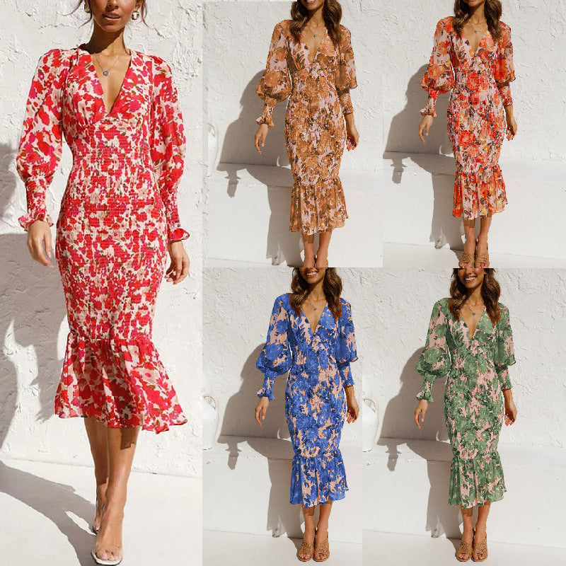 Slim Print V-neck Long Sleeve Dress