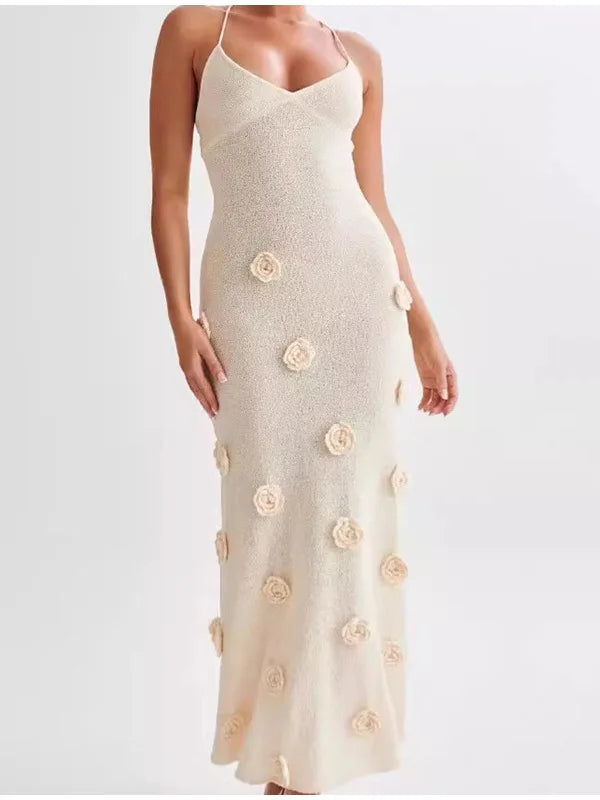 Women's Elegant Knitted Floral Camisole Long Dress Backless Slim Fit Retro Women's Fashion Dress Vacation Casual Chic Beach Look