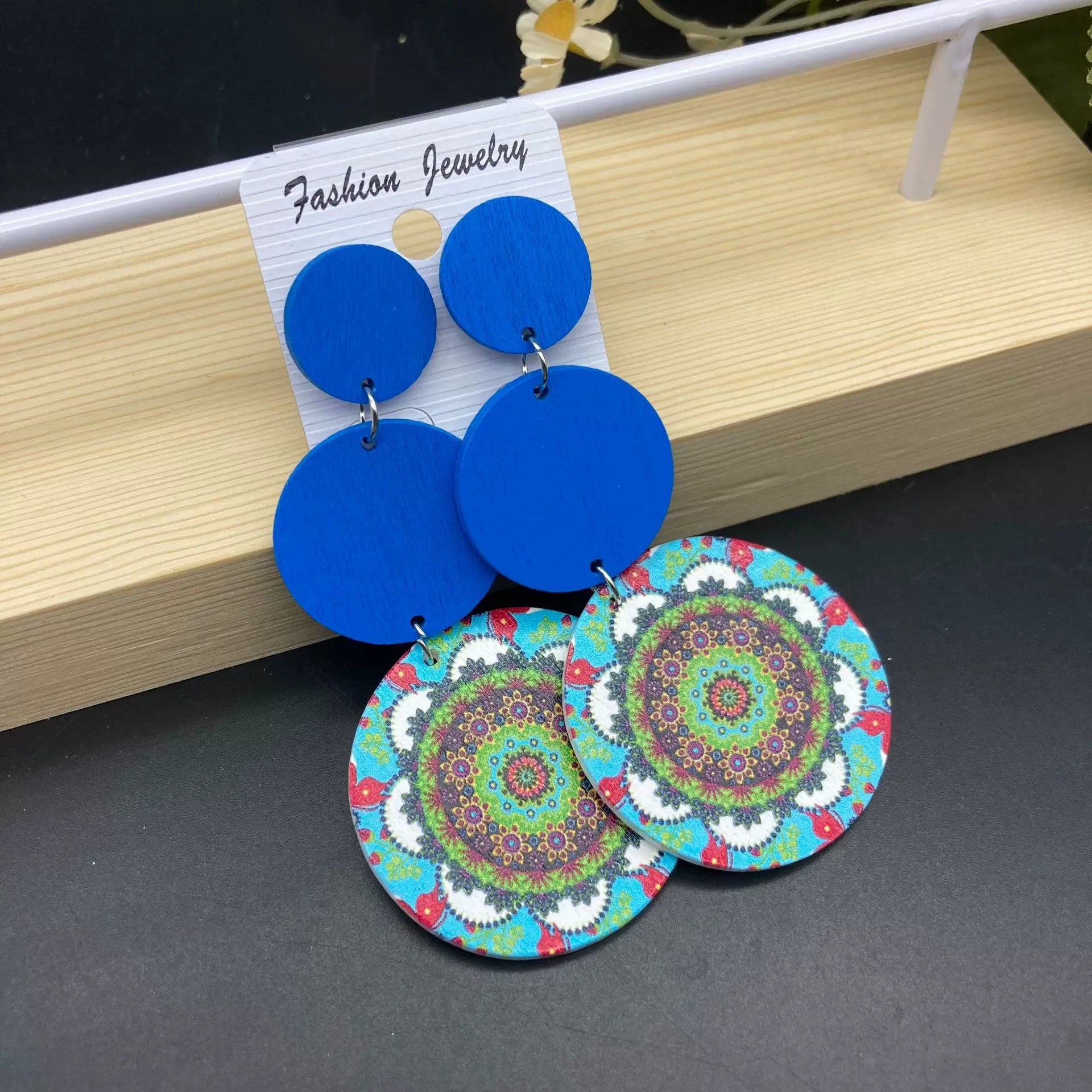 New Ethnic Retro Circular Printed Wooden Earrings – Long Bohemian Colorful Statement Jewelry
