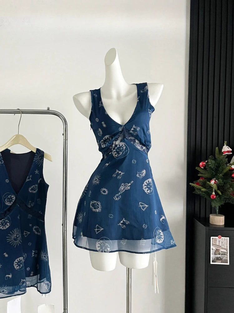 Elegant Vintage Original Design Print V-Neck Hollow Out Party Dress
