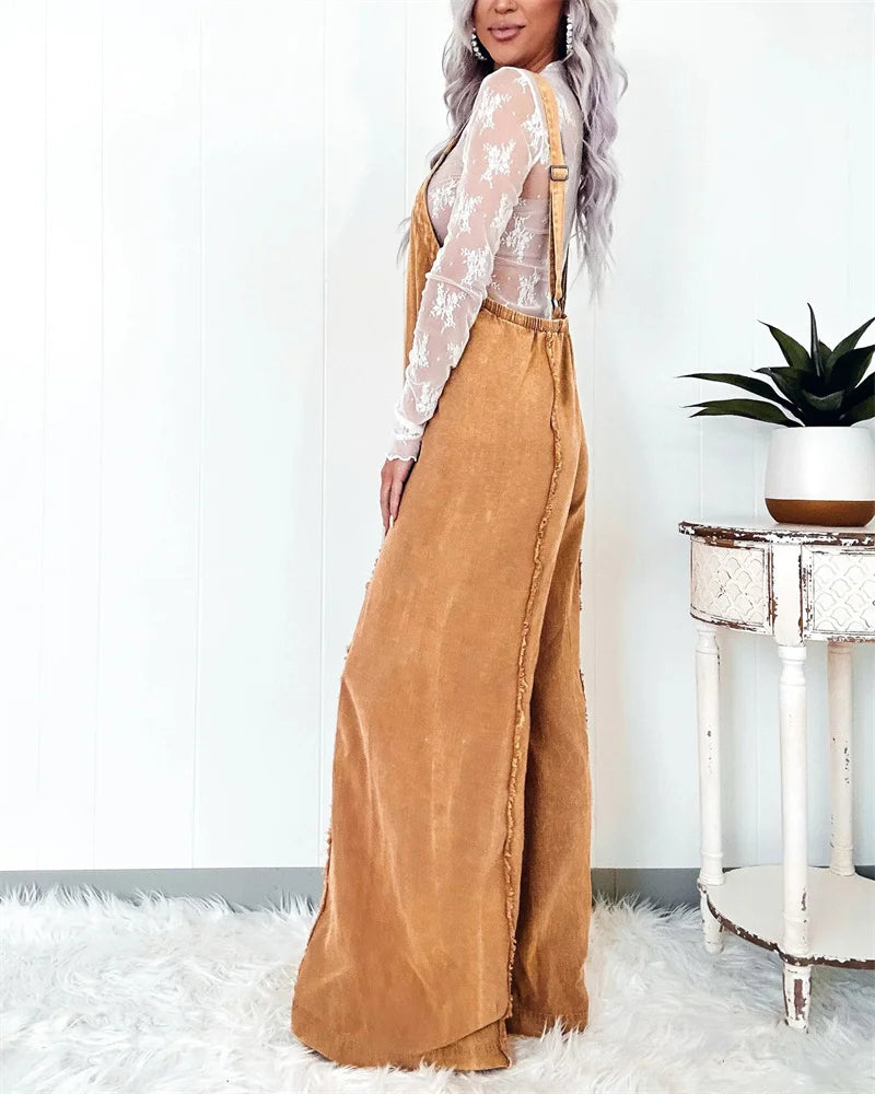 Vintage Washed Raw Edge Denim Jumpsuit