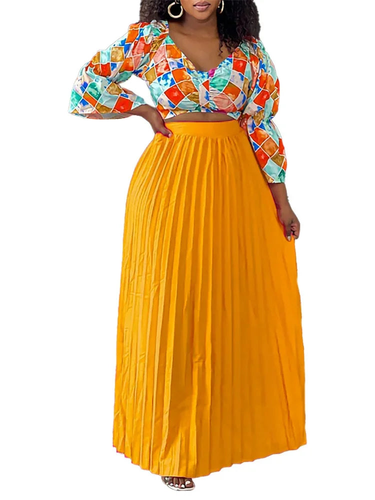 Fashion Autumn V Neck Long Sleeve Print Blouse Pleated High Waist Long Skirt