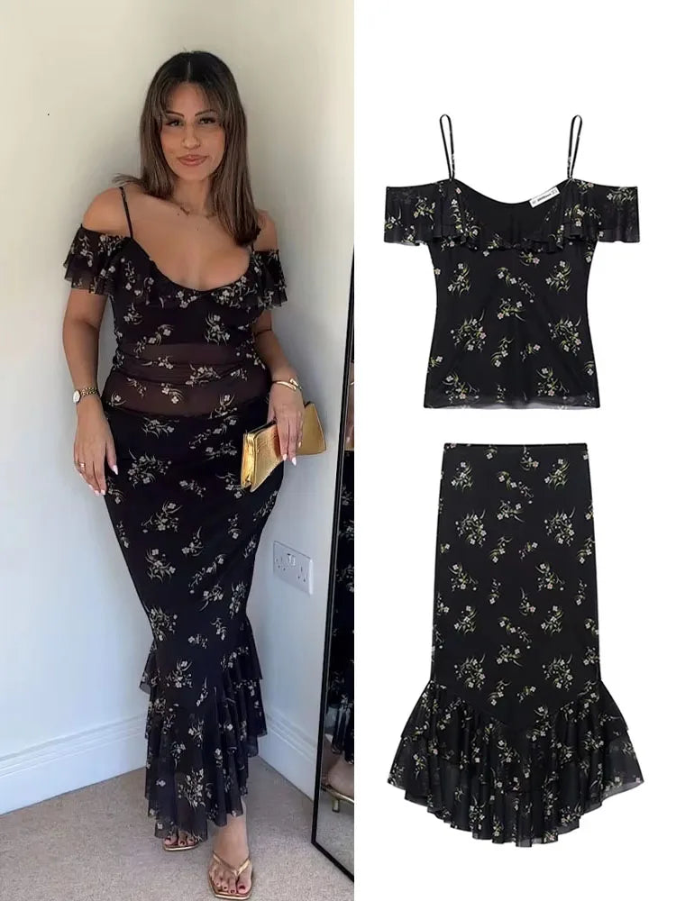 Elegant Ruffle Mesh Skirt Suit – Sleeveless Backless Top &  Pleated Long Skirt Set