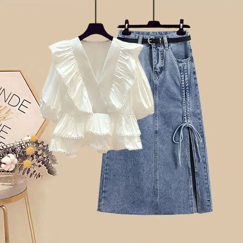 Top Wrapped Waist Covering Belly Half Skirt Two Piece Set