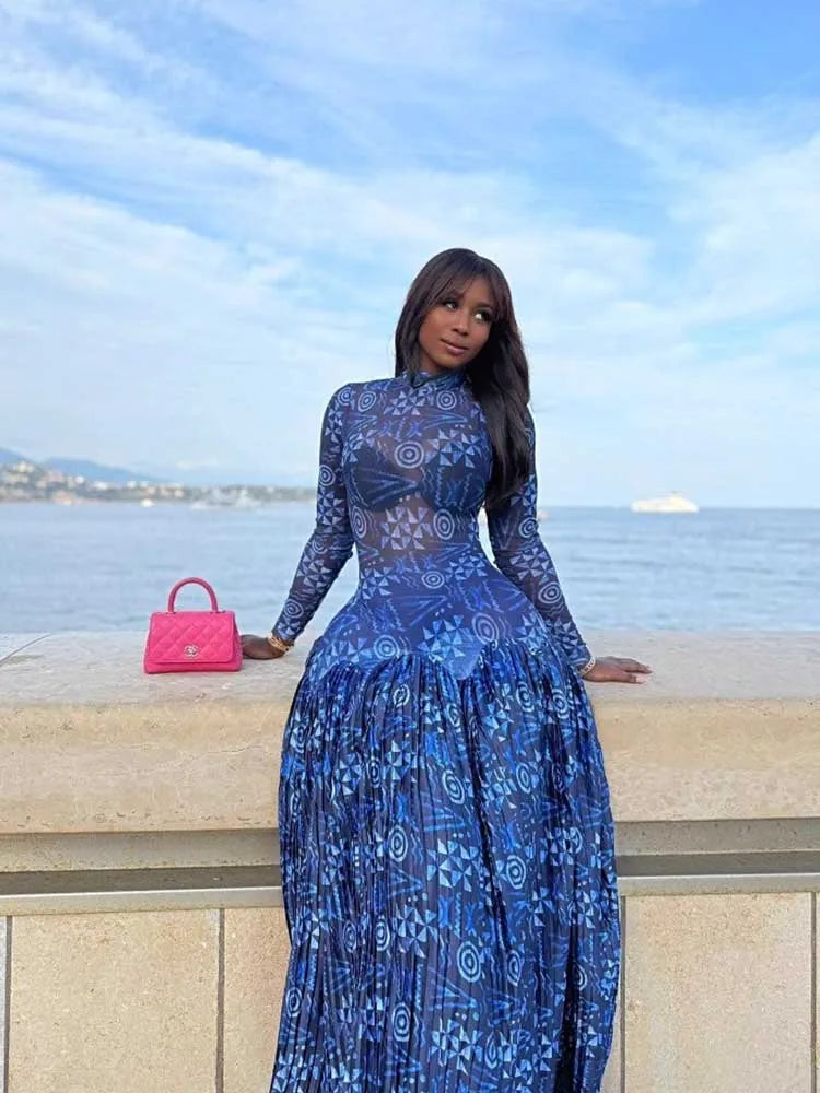 Royal Blue Mid-turtleneck High Waist Transparent  Light Long Dress with Sleeves