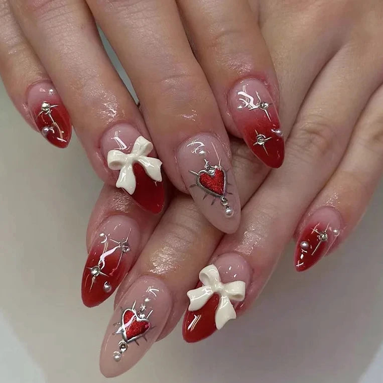 Romantic Valentine's Day Red Love Heart Charm Red Lips Almond Fake Nails