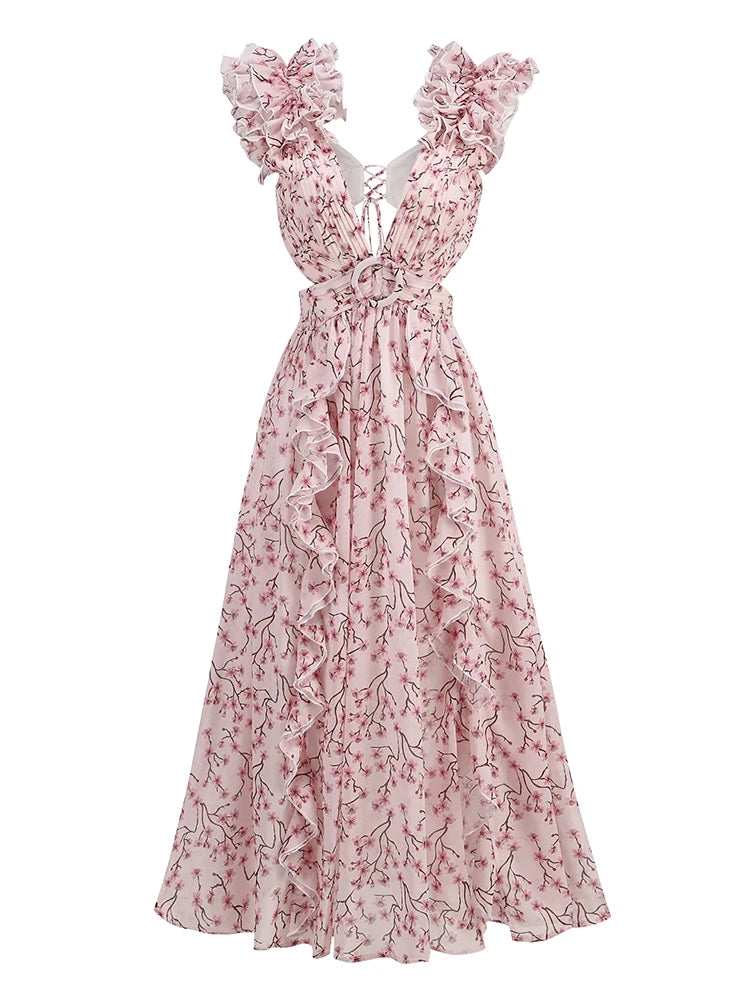 Sexy  Deep V Neck Hollow Out  Sleeveless Ruffle Floral Split Long Dress