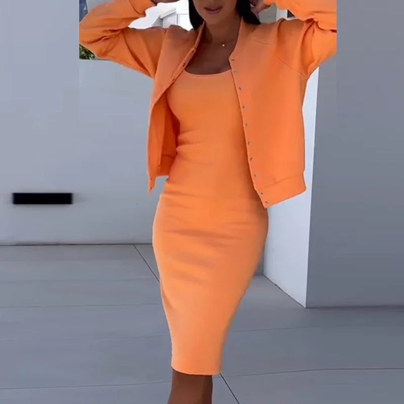 Autumn Winter  Elegant Solid Bodycon Dresses Coat Matching Set
