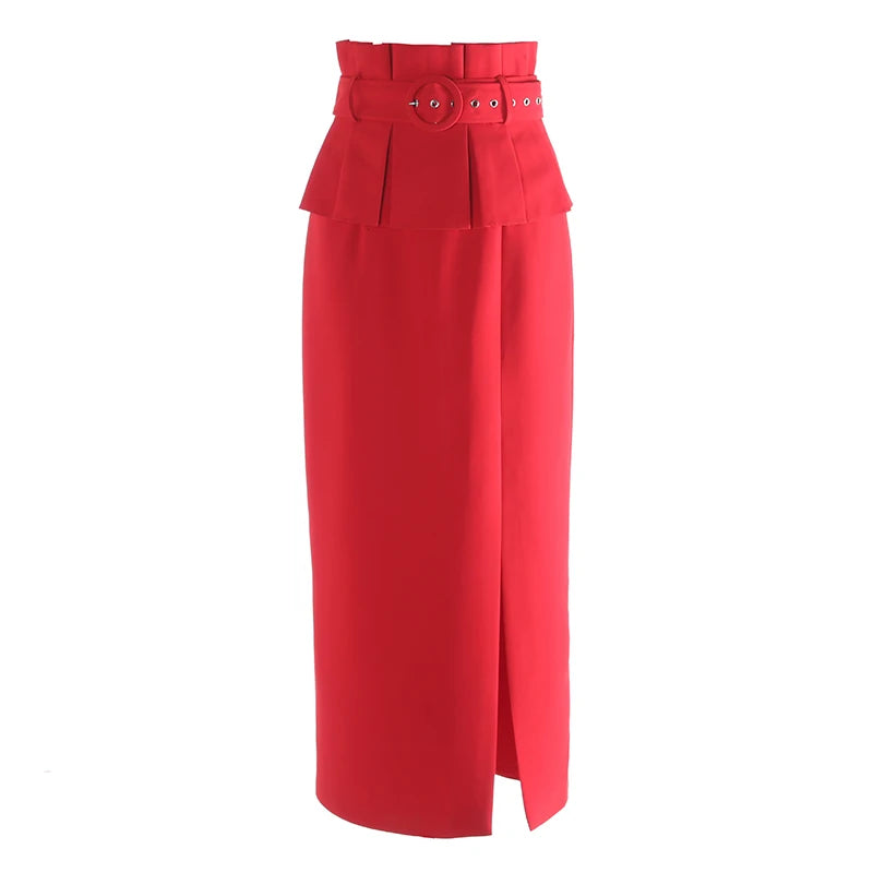 Spring New Wide Ruffled Belt DecorationSolid Color Straight Hight Waist Long Skirts
