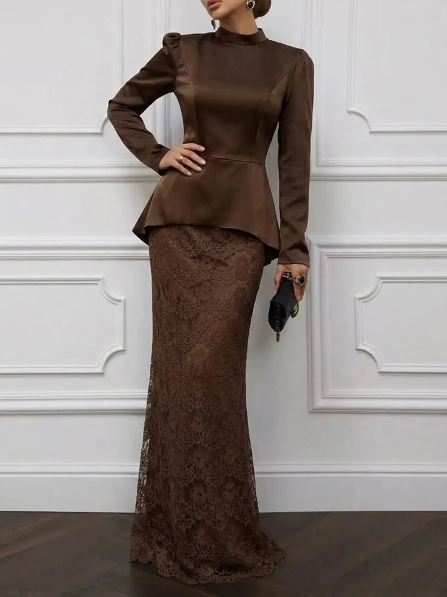 Solid Elegant Stand Collar Long Sleeve Top High Waist Lace Skirt Slimming Set