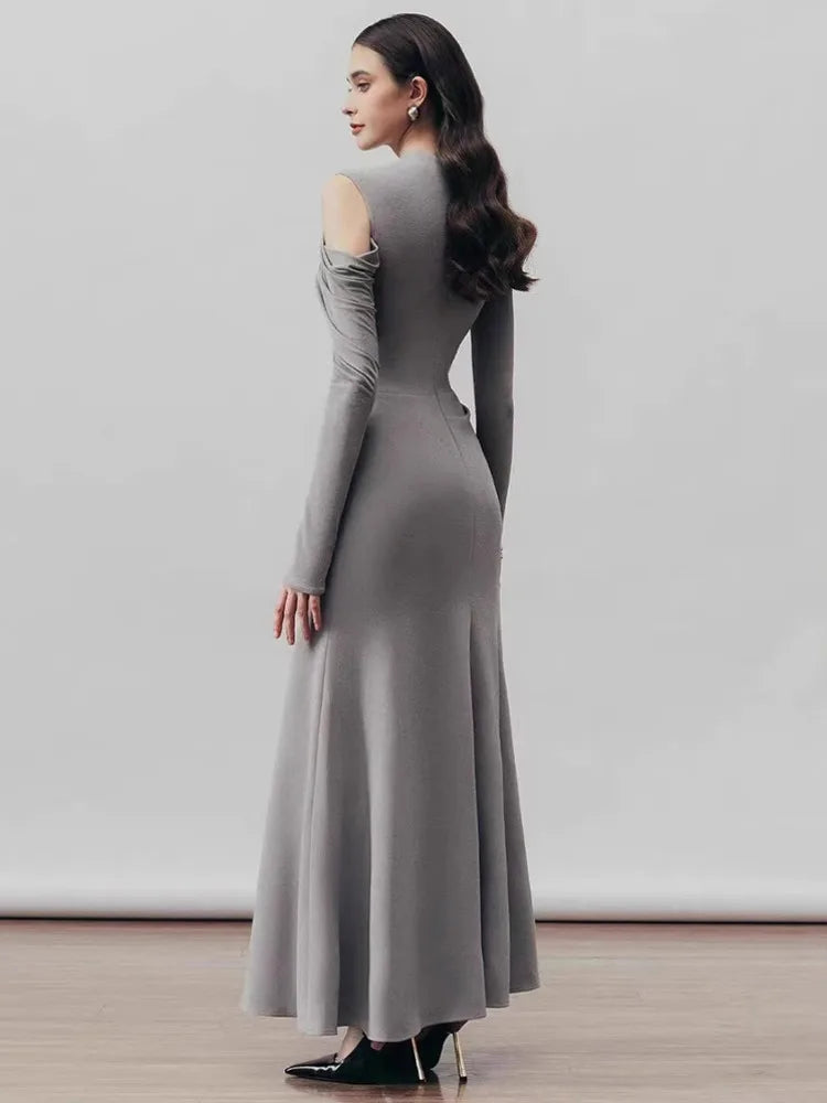 Round Collar Hollow Out Shoulder Solid Color A Line Luxury Dress