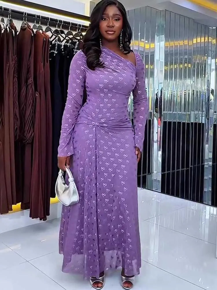 Long Elegant Purple Long Sleeve Slimming Dress