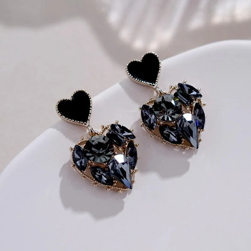 Black Rhinestone “Love” Earrings – Light Luxury Studs for Effortless Elegance