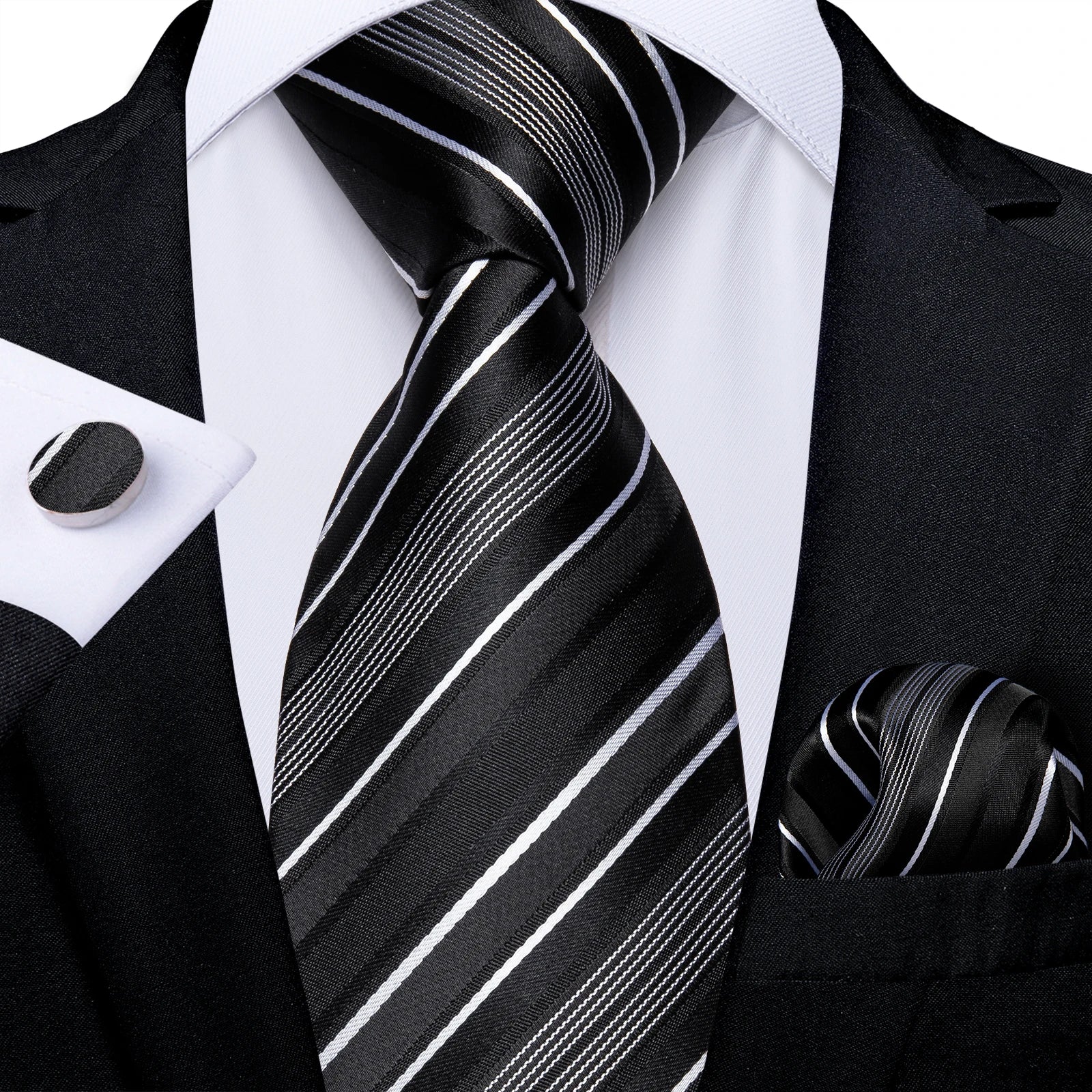 Teal Blue & White Striped Silk Tie Set for Men