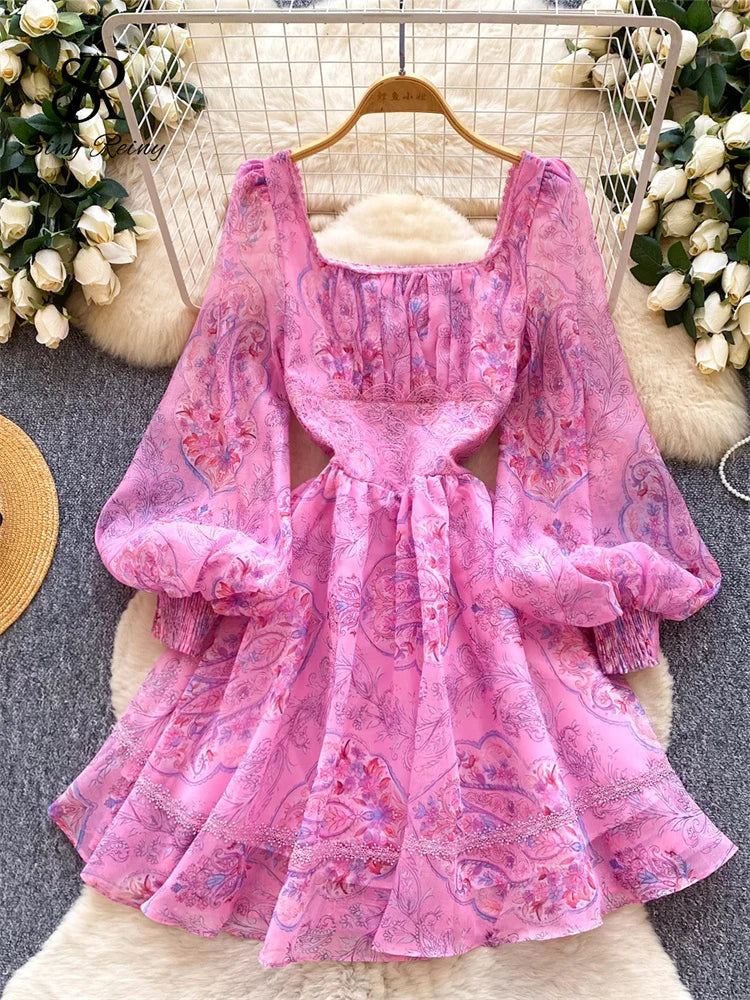 Print Lace Chiffon Square Collar Lantern Sleeve Slim A-Line Dress