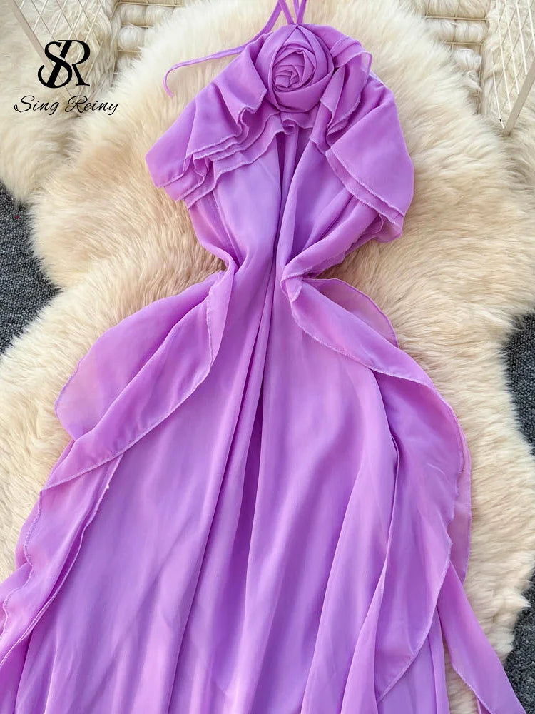 Summer 3D Floral Halter Backless Chiffon Dress