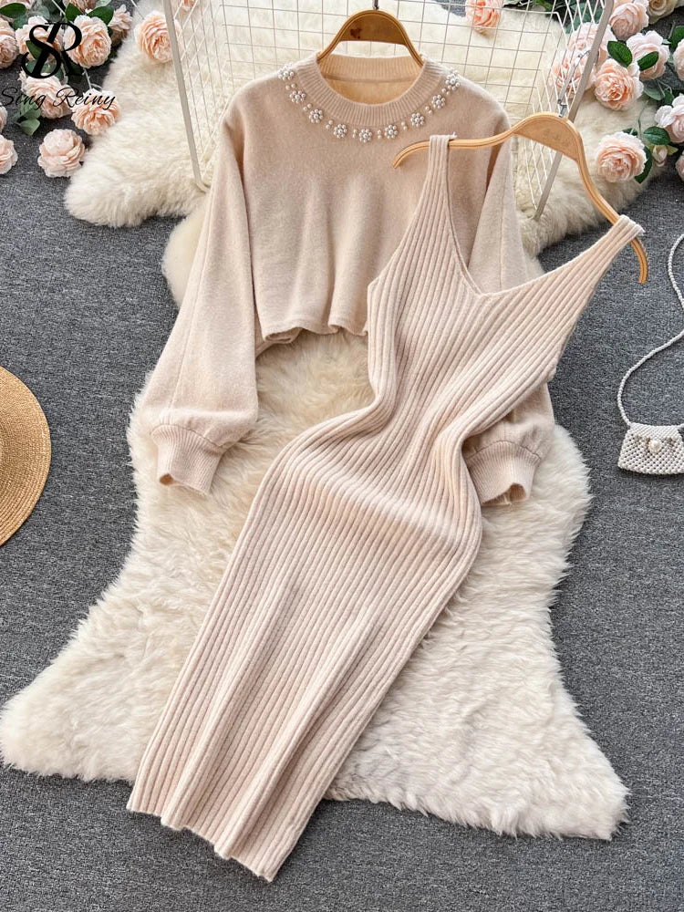 Winter Knitted Fashion Breading Long Sleeve Pearl Sweater+Knitted Camis Dress Sets