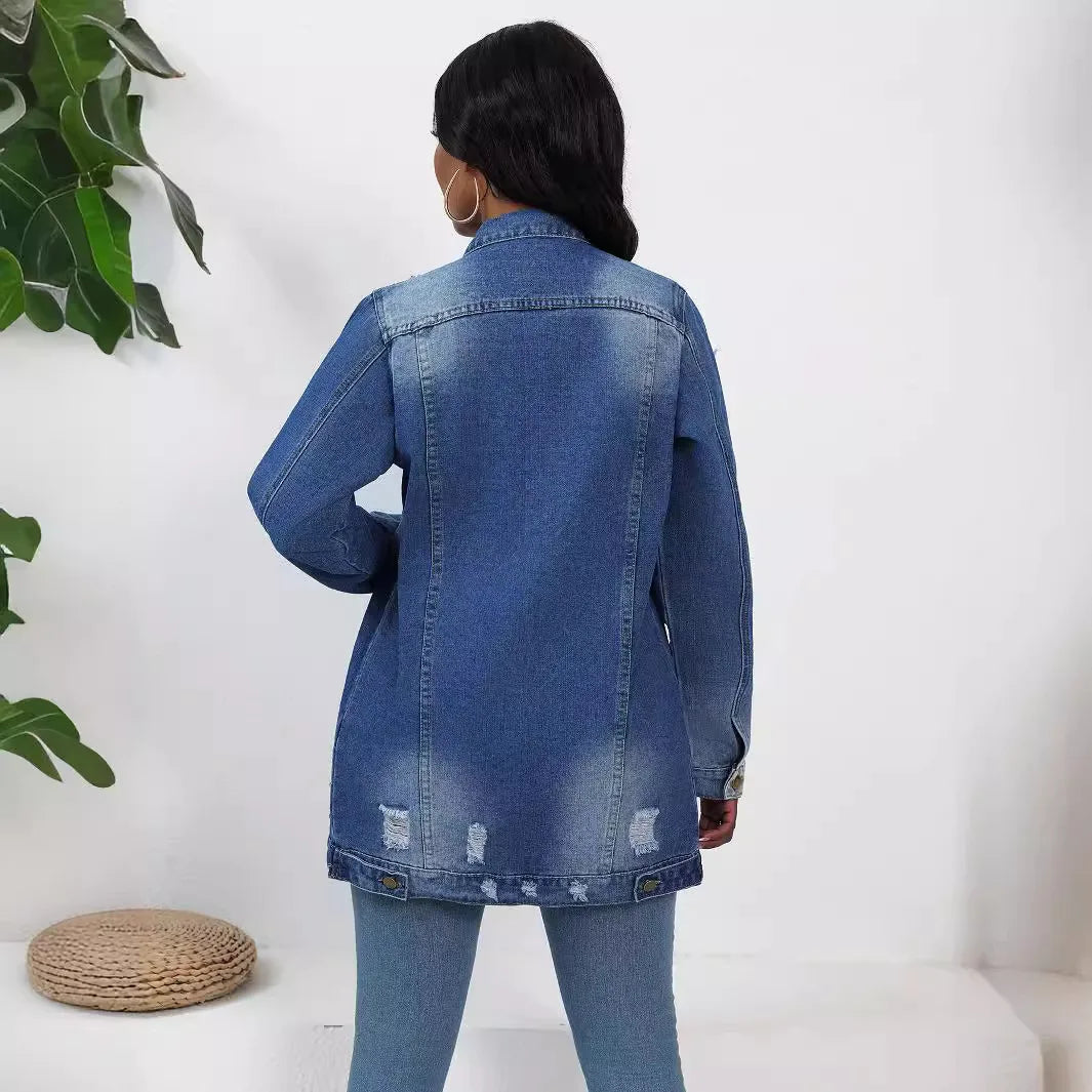 Women’s Mid-Length Denim Coat – Y2K Streetwear, Turn-Down Collar, Single-Breasted Casual Jacket