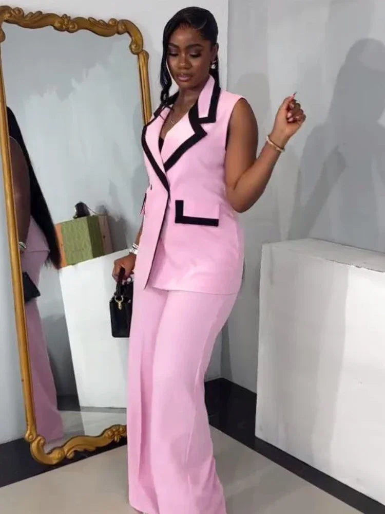 Elegant Color Blocking Sleeveless Vest Wide Leg Trousers 2-Piece Set