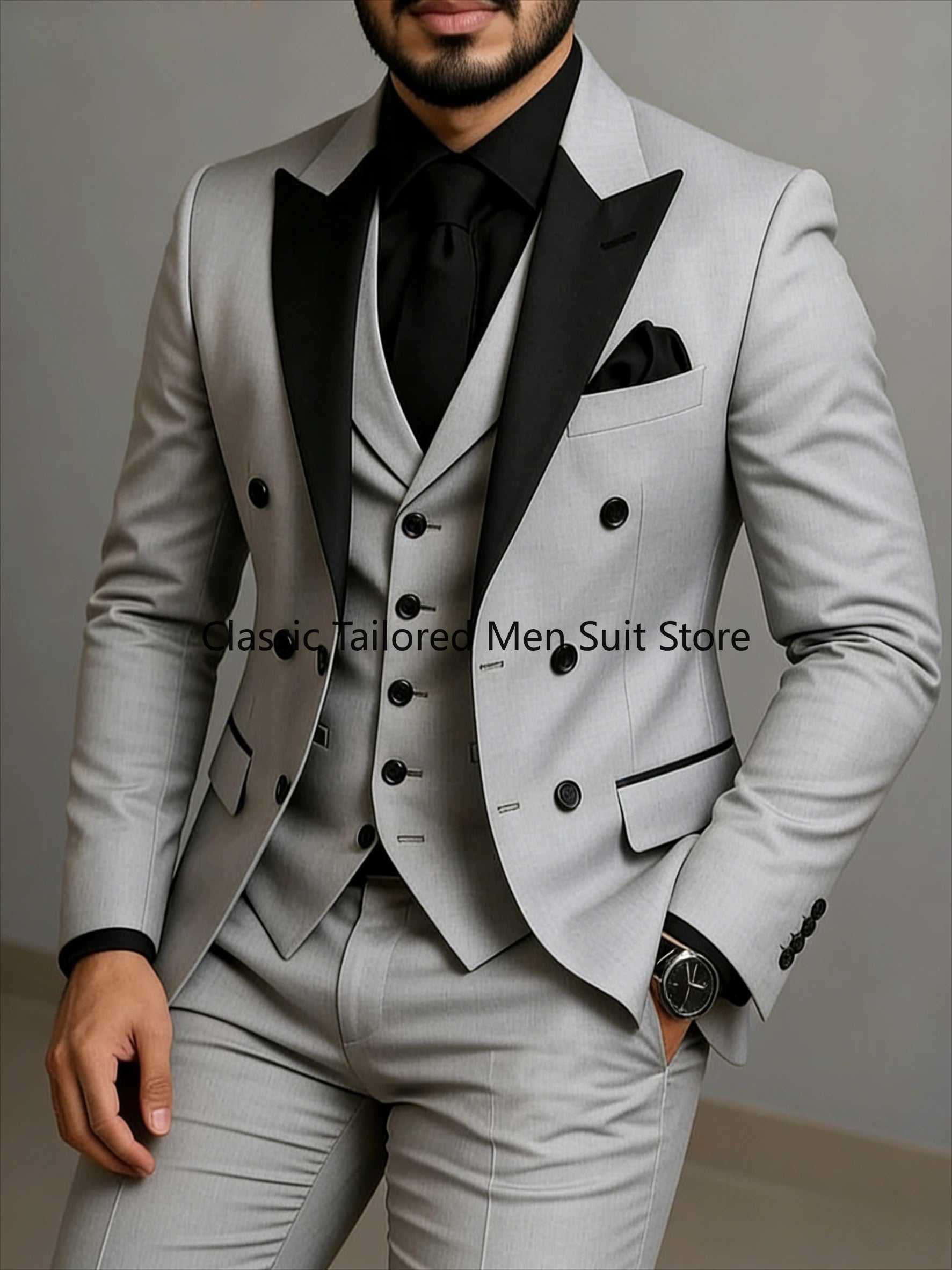 Beige Double Breasted Suit  Black Lapel  Slim Fit Wedding Suit