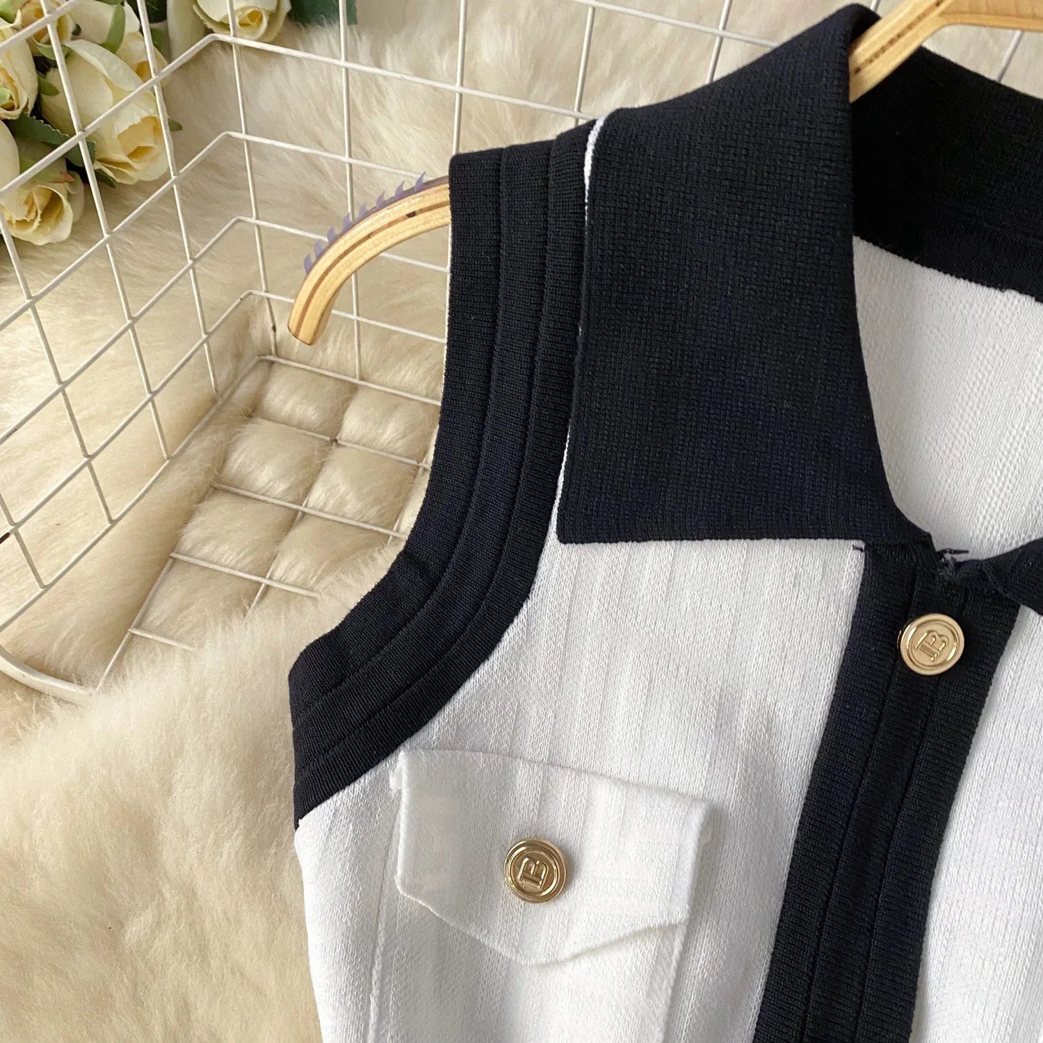 Vests Knitted  Bodycon Streetwear Polo Neck Sleeveless Single Breasted Splice Dress
