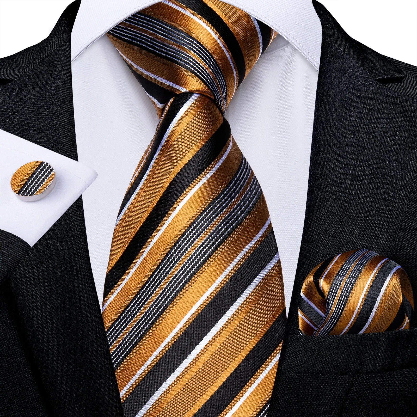 Teal Blue & White Striped Silk Tie Set for Men