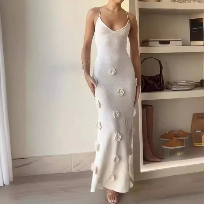 Women's Elegant Knitted Floral Camisole Long Dress Backless Slim Fit Retro Women's Fashion Dress Vacation Casual Chic Beach Look