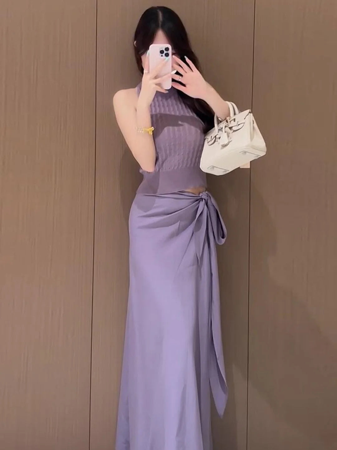 Fashionable Purple Sleeveless Knitted Vest Top with Belt High Waist Skirt Set