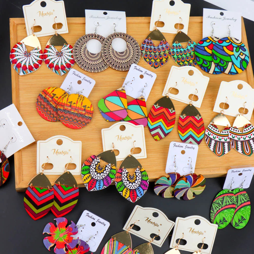 10 Pairs Boho Ethnic Print Wooden Earrings – Colorful Geometric Statement Set