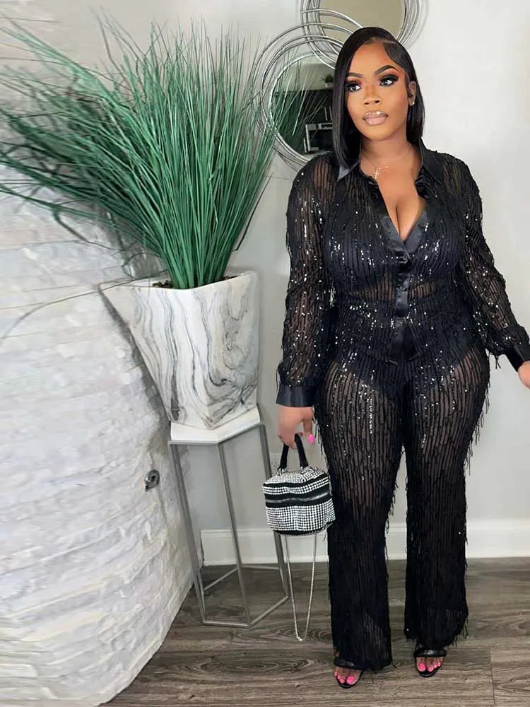 Long Sleeve Tassel Sequins Top and Long Trouser Nightclub Wear Two Piece See Through Outfits