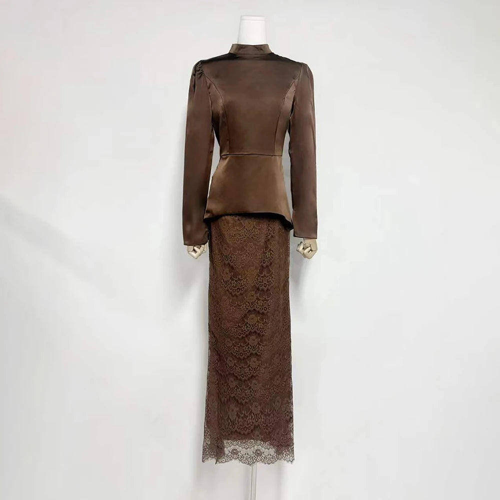 Solid Elegant Stand Collar Long Sleeve Top High Waist Lace Skirt Slimming Set