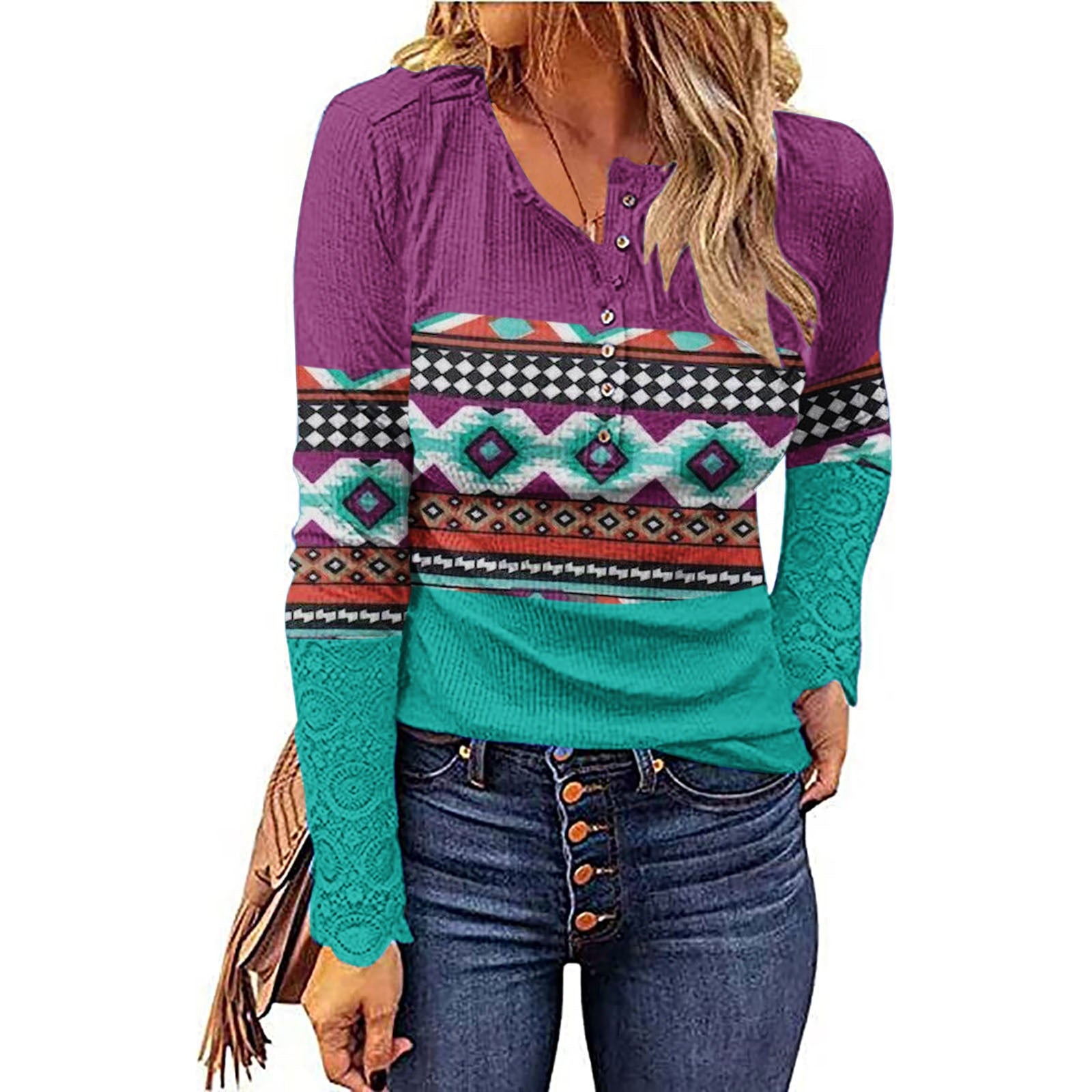 Autumn Winter Geometric Print Western Ethnic Style Casual Pullover V Neck Button Long Sleeve Shirt