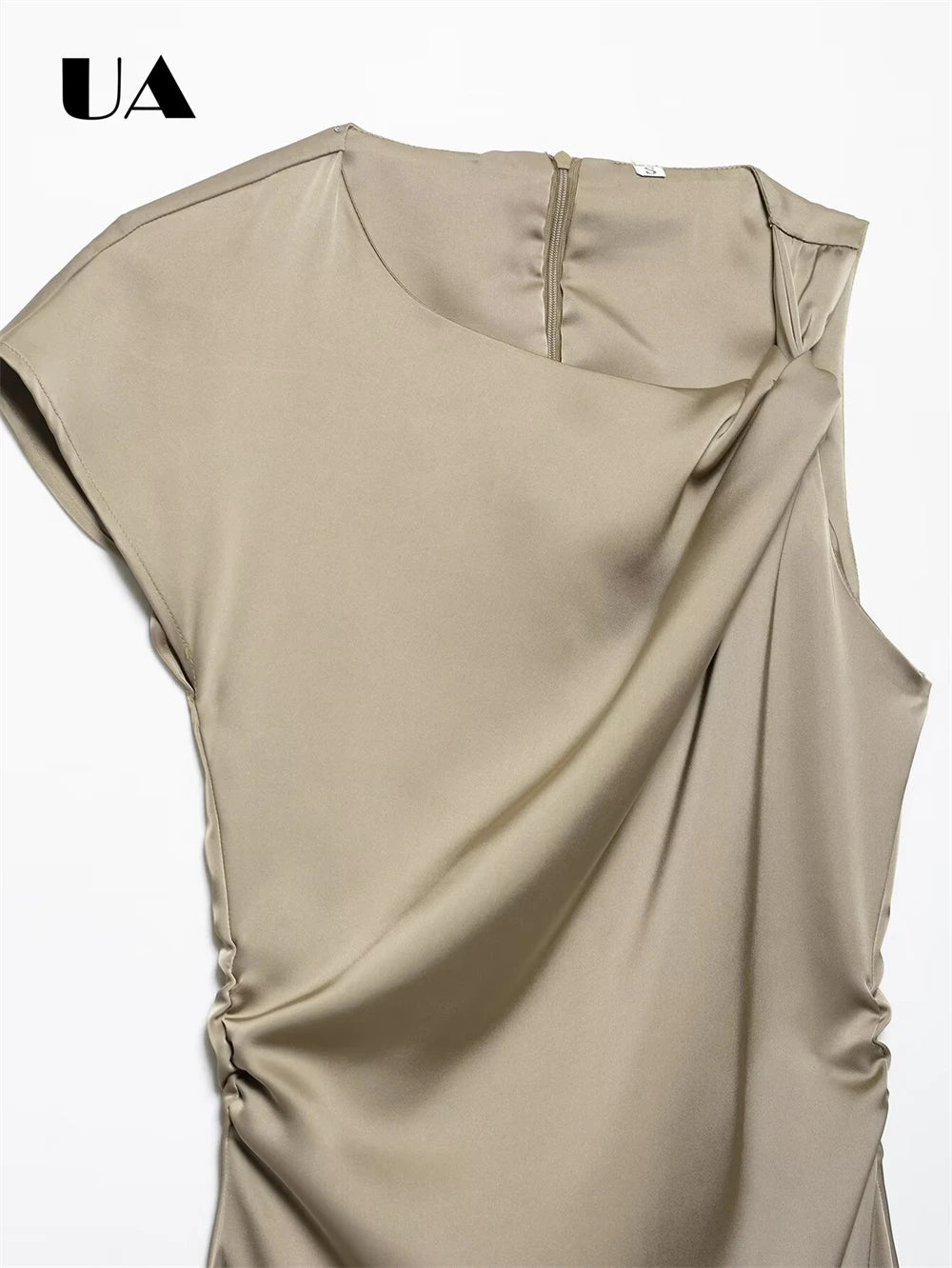 Minimalist Satin  Asymmetric Neck Sleeveless Ruched Waist Casual Formal Maxi Dress
