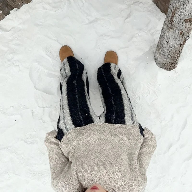 Thickened Winter Retro Lazy Stripe Loose Long Pants