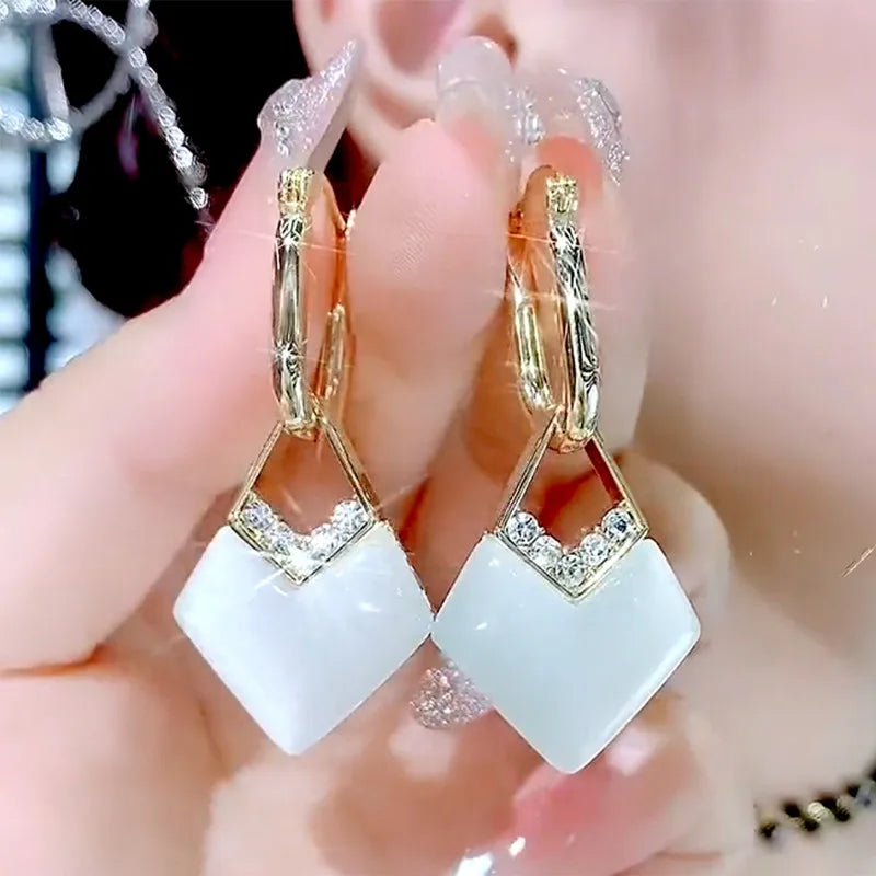 New Geometric Rhombus Luxury Opal Earrings – Modern Sparkle for Every Moment