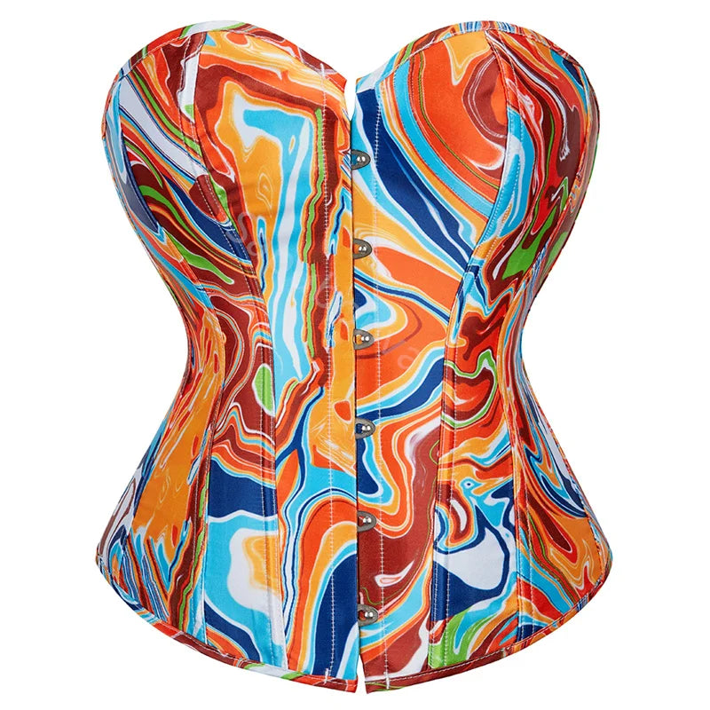 Sexy Women Bustier Overbust Print Graffiti Color Matching Lingerie